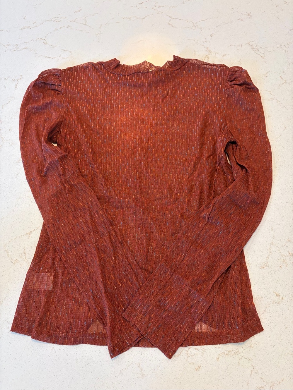 Honey Punch Sheer Rust Metallic Mock Neck Long Sleeve Top